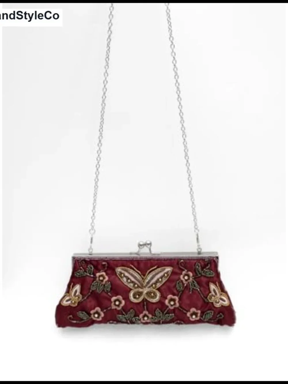 Beaded Butterfly Floral Evening Clutch Kiss Lock Purse Detachable Chain